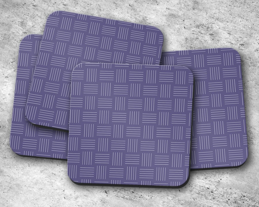 Set of 4 Purple and White Line Geometric Design Coasters