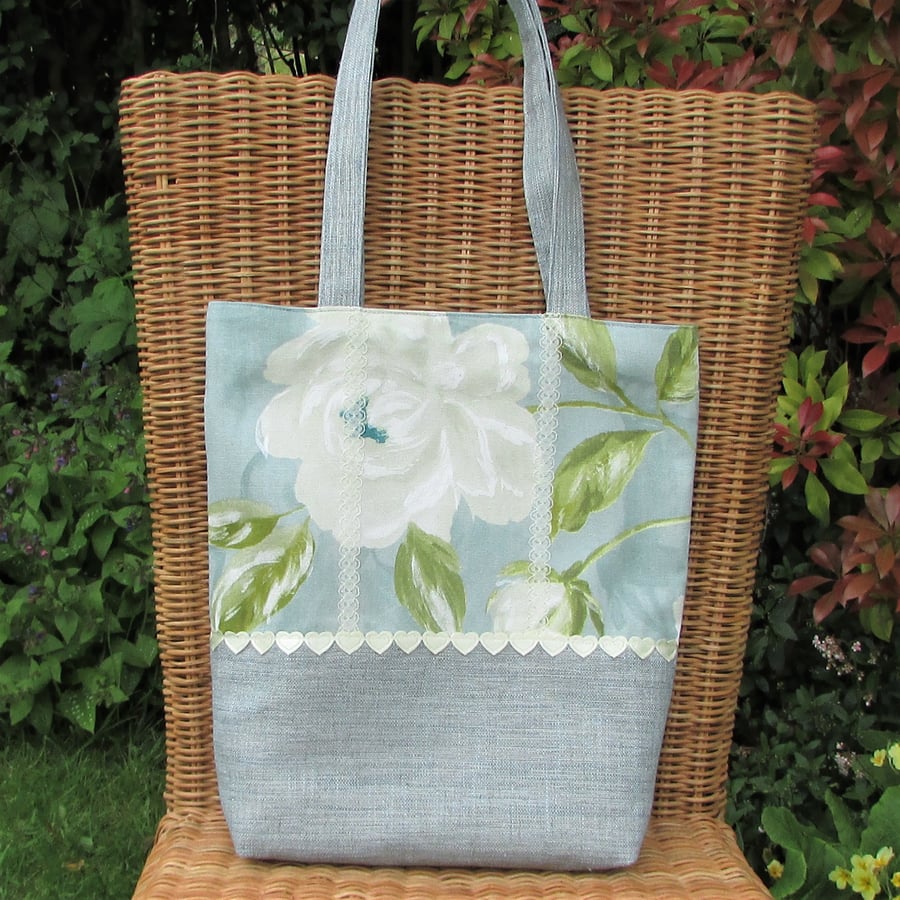 Tote bag in duck egg blue and floral fabrics with cream trim
