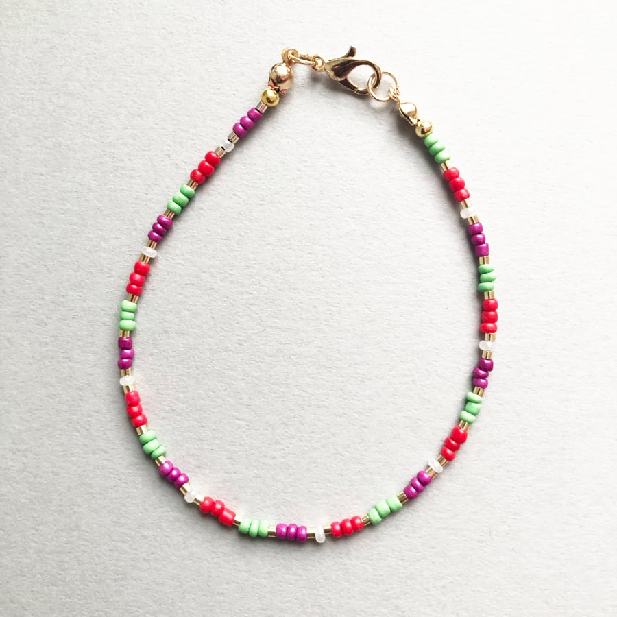 Dainty Christmas Red, Green, Purple, Gold and White Seed Bead Bracelet