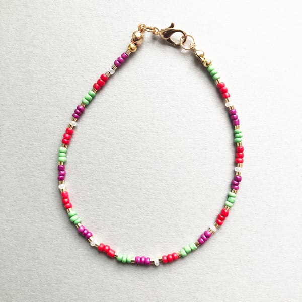 Dainty Christmas Red, Green, Purple, Gold and White Seed Bead Bracelet