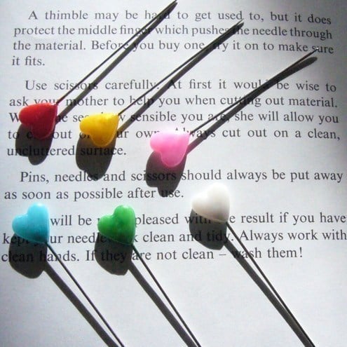 Set of 30 long Pins with Heart End in Holder