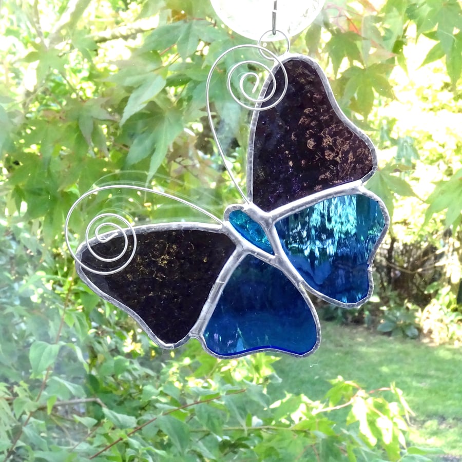 Stained Glass Butterfly Suncatcher - Handmade Decoration - Purple and Blue
