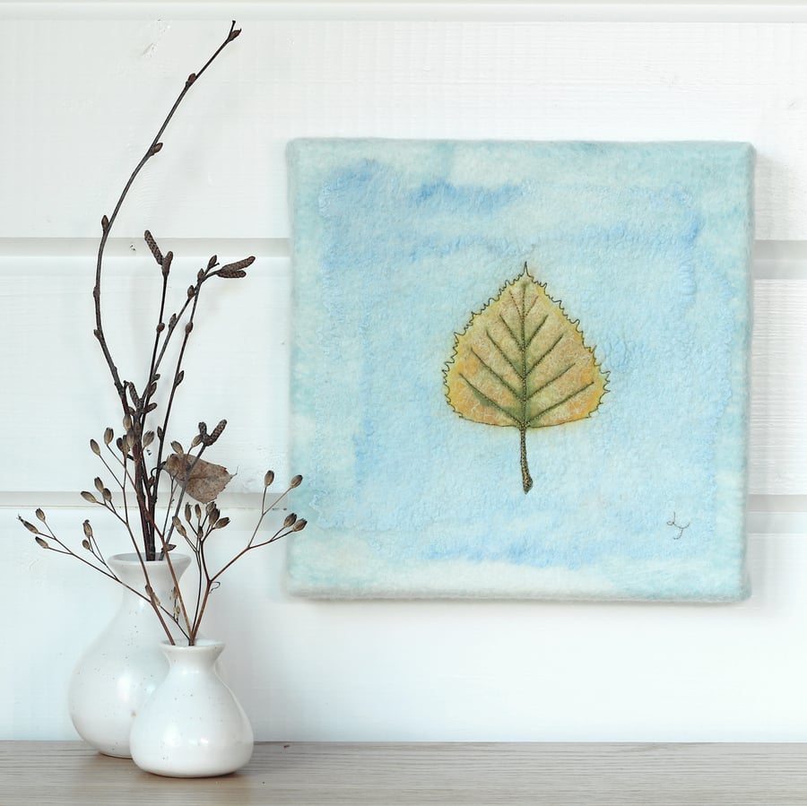 Golden Birch Leaf - hand felted textile art