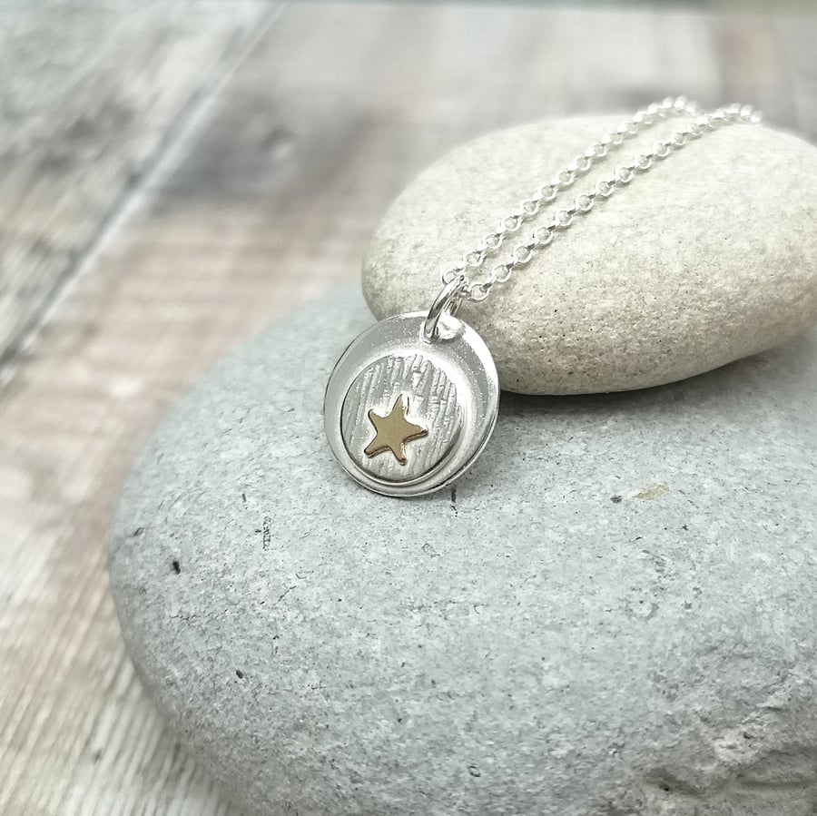 Sterling Silver Disc Necklace with 9ct Gold Star Detail