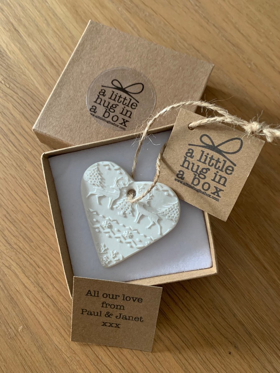 A little Hug in a Box Handmade Porcelain Embossed Heart Christmas Decoration