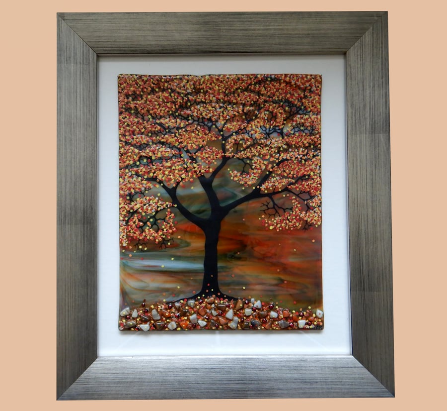 HANDMADE FUSED GLASS 'AUTUMN TREE' PICTURE.