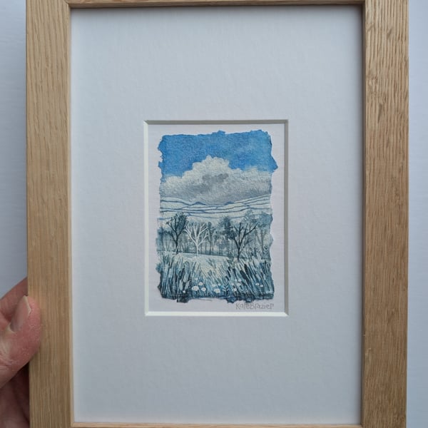 Snowy Hills - Original miniature. A5 FRAMED