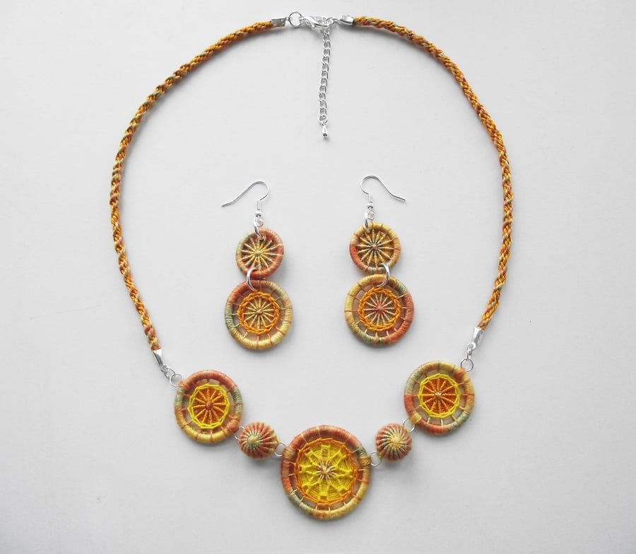 Necklace & Earrings, Handmade, Dorset & Yorkshire Buttons, Kumihimo Braid, Gold