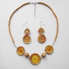 Necklace & Earrings, Handmade, Dorset & Yorkshire Buttons, Kumihimo Braid, Gold