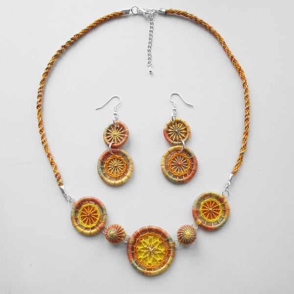 Necklace & Earrings, Handmade, Dorset & Yorkshire Buttons, Kumihimo Braid, Gold