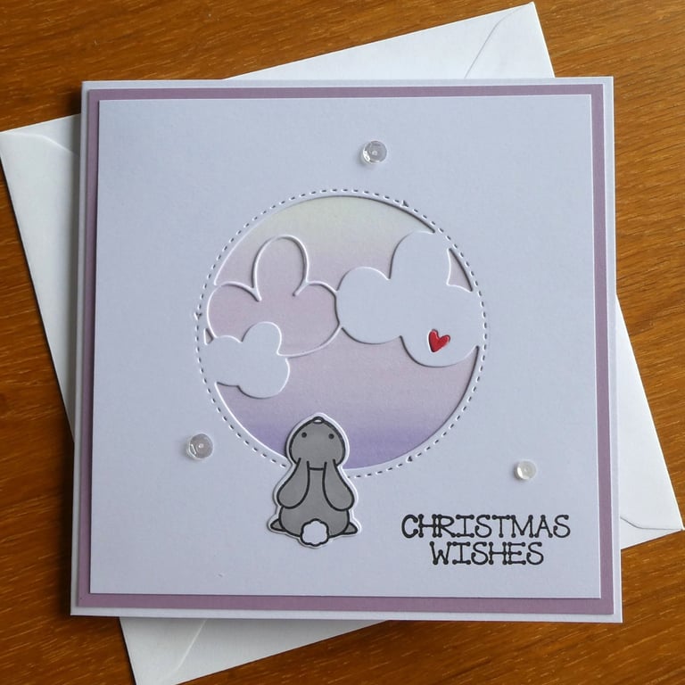 Christmas Wishes Card - Rabbit Lilac Pink and Yellow Northern Lights Sky