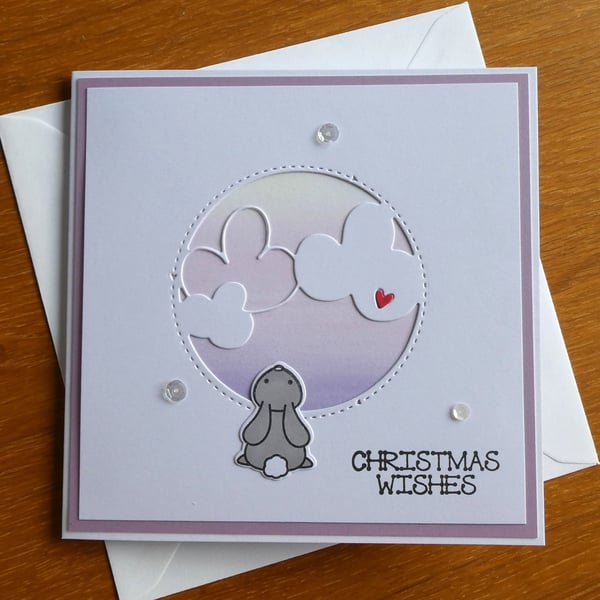 Christmas Wishes Card - Rabbit Lilac Pink and Yellow Northern Lights Sky