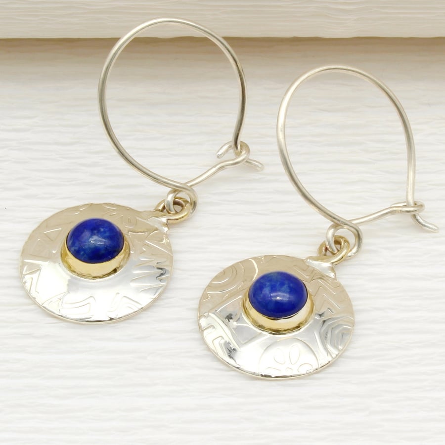 Round sterling silver earrings featuring Lapis lazuli, gemstone choice, slm.