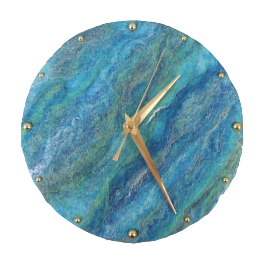 20cm felted wall clock in blue and green