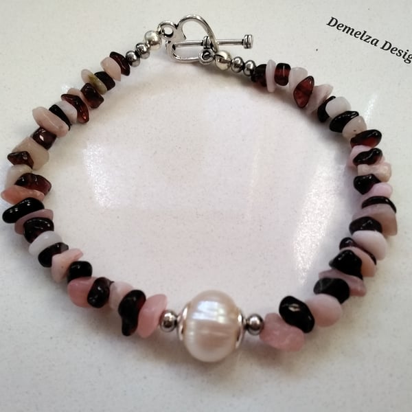 Pink Opal, Red Garnet & Cream Freshwater Culture Pearl Bracelet 