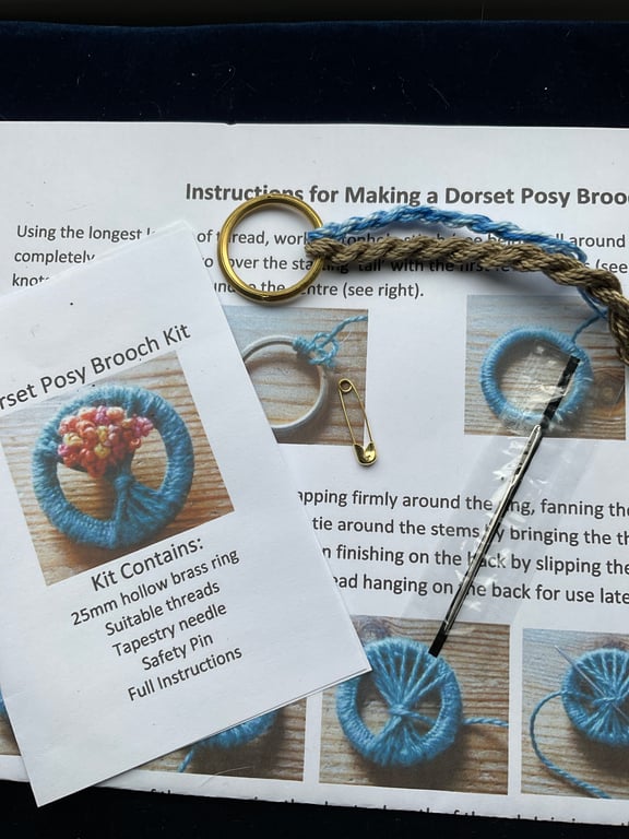 Dorset Posy Brooch Kit, Brown Stems with Blue Flowers, 40