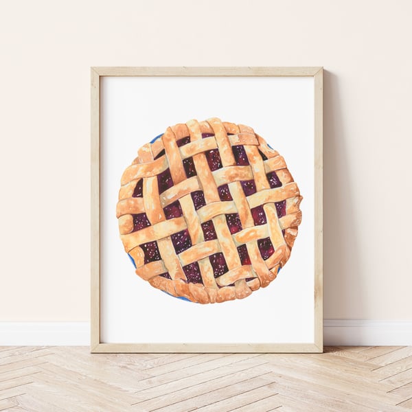 Berry Lattice Pie Illustration A4 Print – Watercolour Kitchen Art
