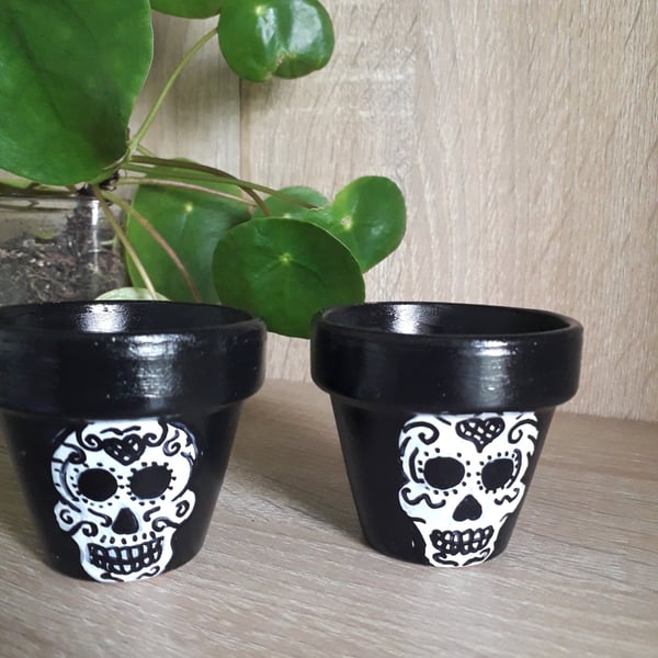 Pair of small terracotta plant pots hand drawn with decorative skulls.  