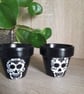 Pair of small terracotta plant pots hand drawn with decorative skulls.  