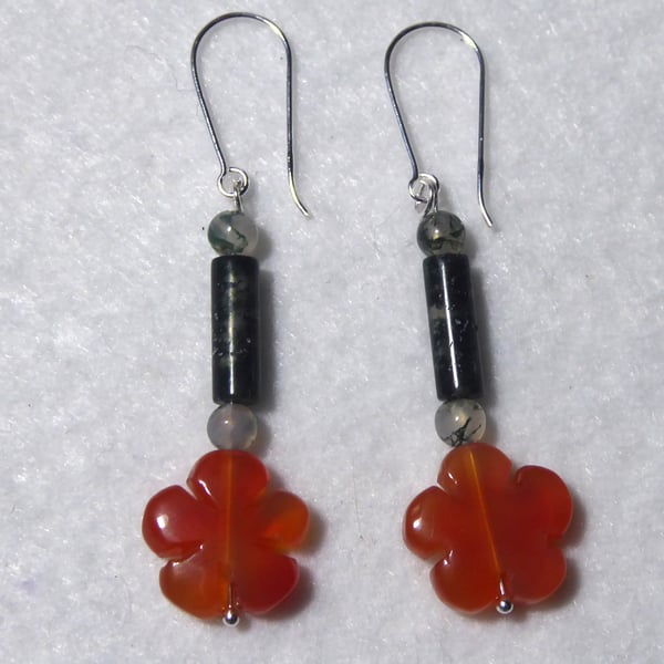Moss Agate Beaded Earrings Featuring Red Agate Flowers & Sterling Silver Clasp