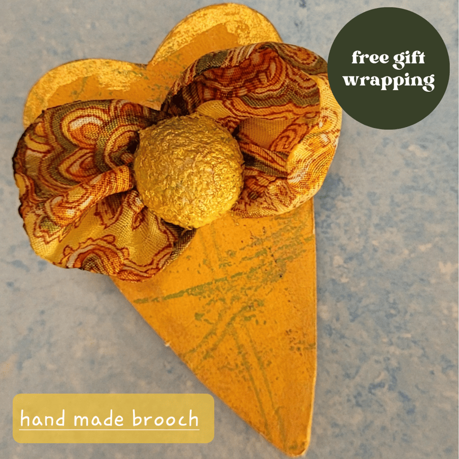 Gold silk ribbon on heart brooch. FREE POSTAGE 