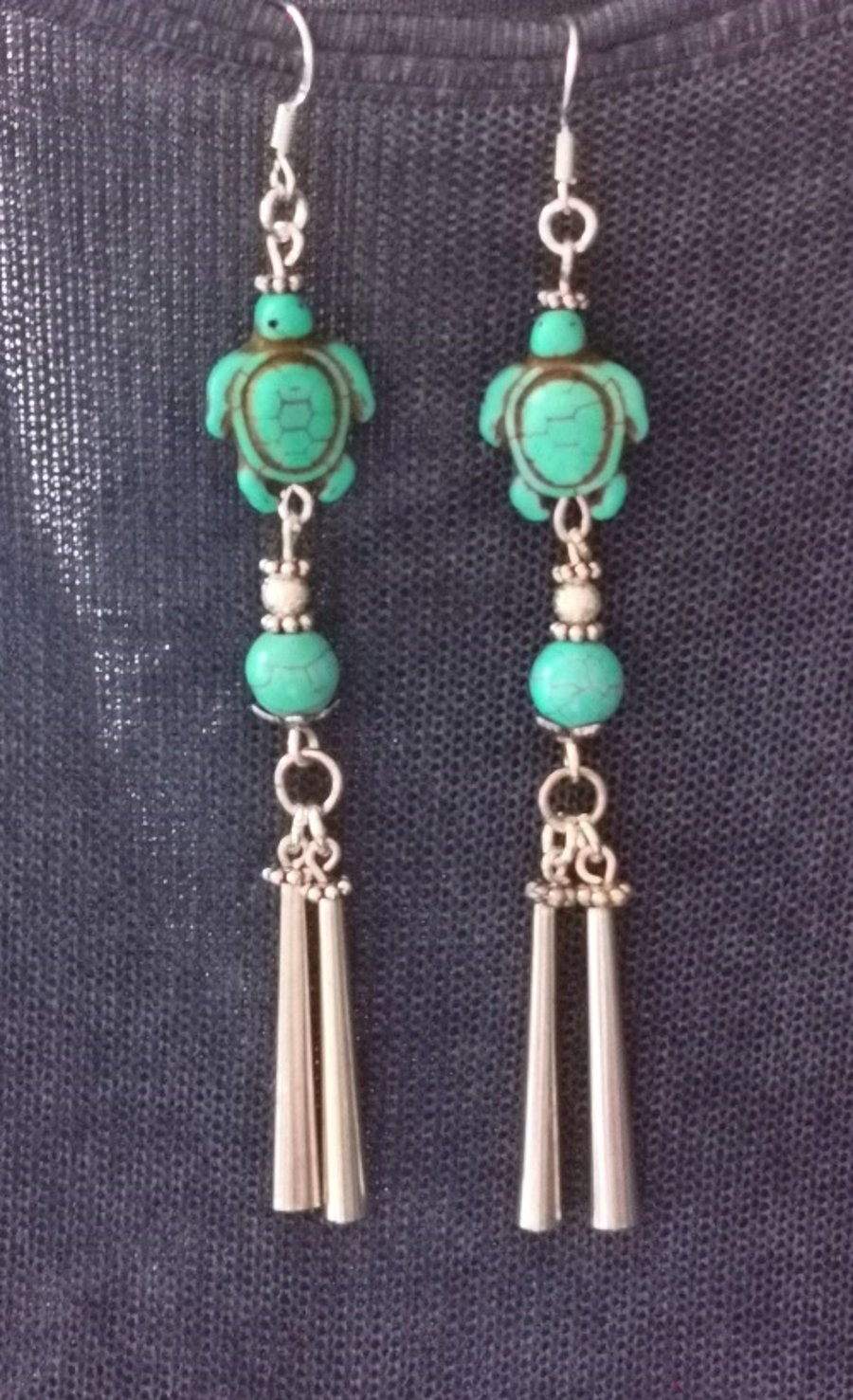 Native American Design Long Drop Turquoise Turtle Earrings
