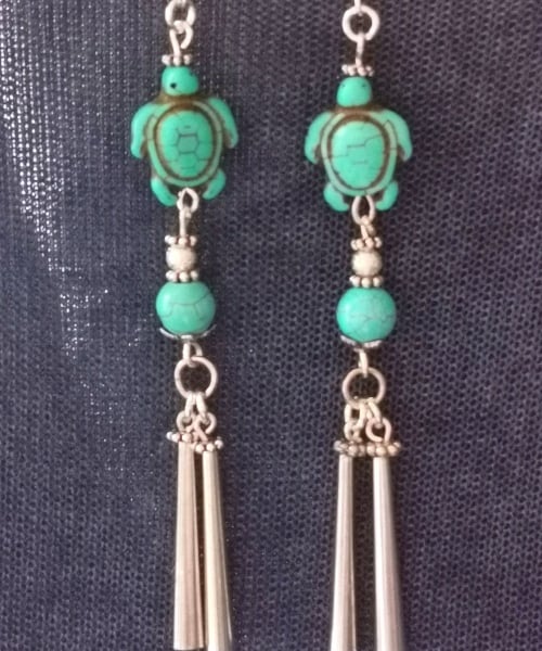 Native American Design Long Drop Turquoise Turtle Earrings
