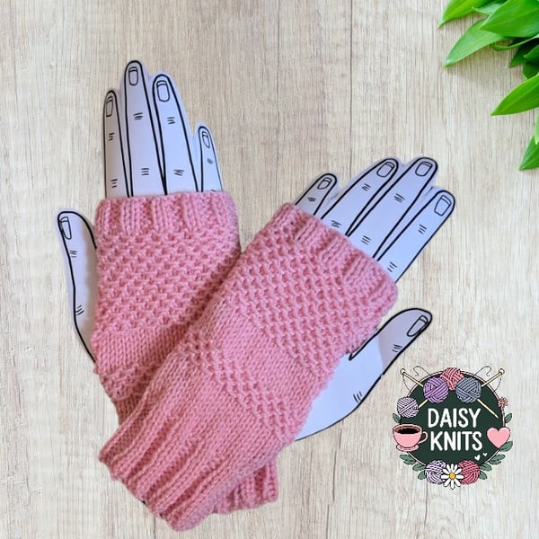 Fingerless Gloves - Pink Wrist Warmers - Hand knitted Ladies Gloves