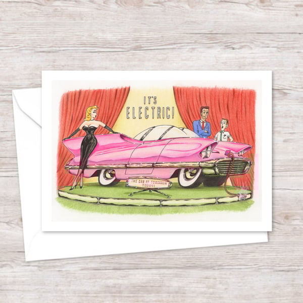 Retro Style Greeting Card: Hand Drawn Electric Car Cartoon (327)