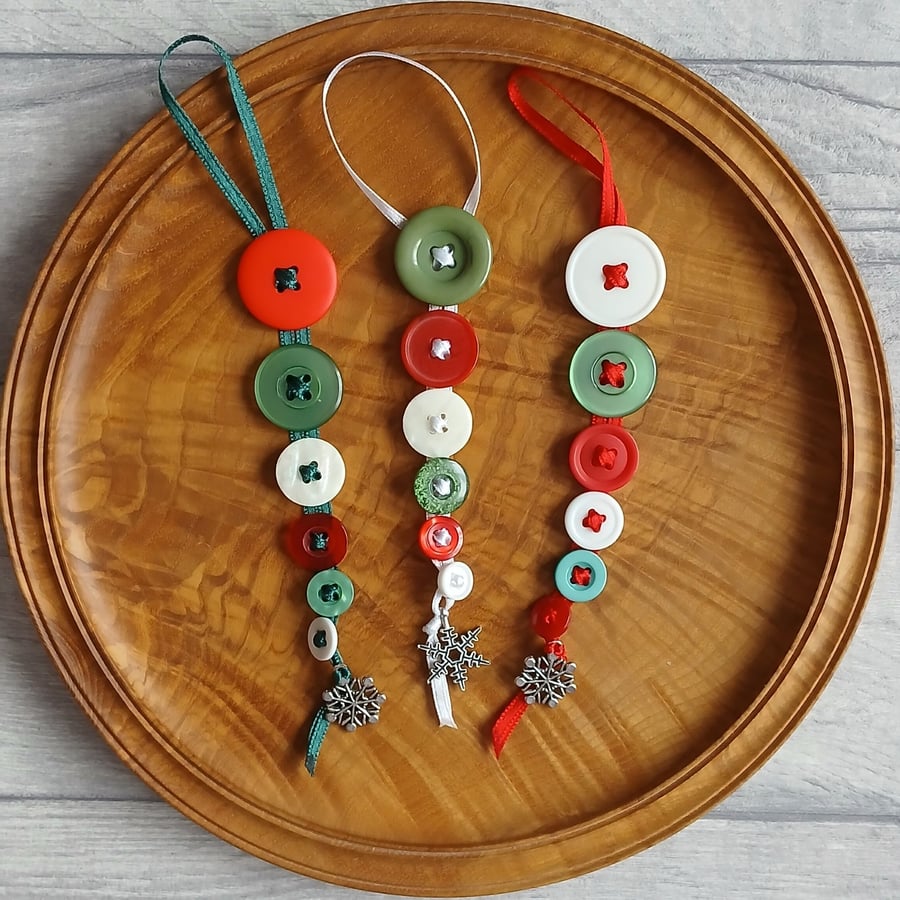 Trio of Festive Button Dangle Christmas Tree Decorations