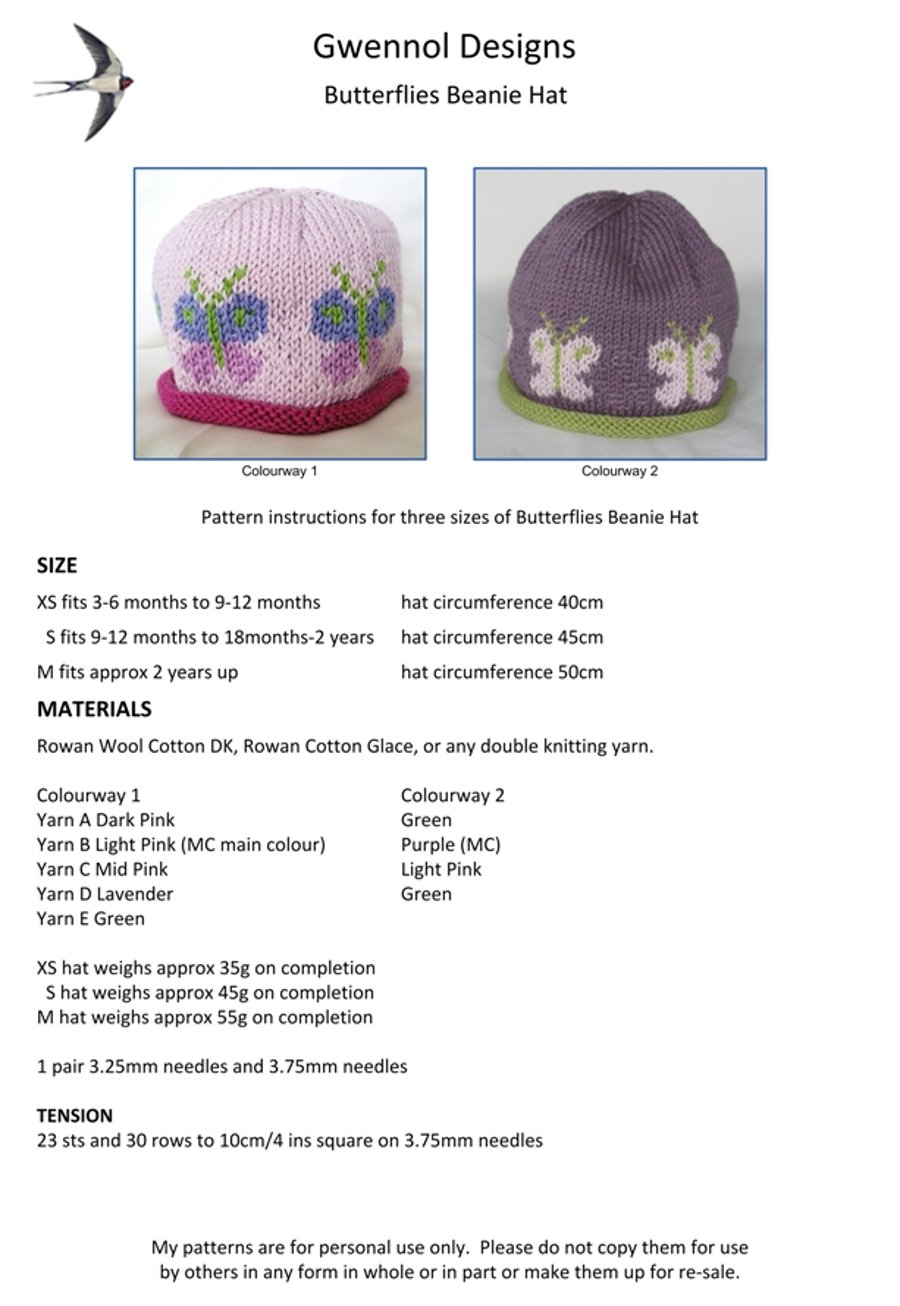 Butterflies Beanie Hat PDF Knitting Pattern
