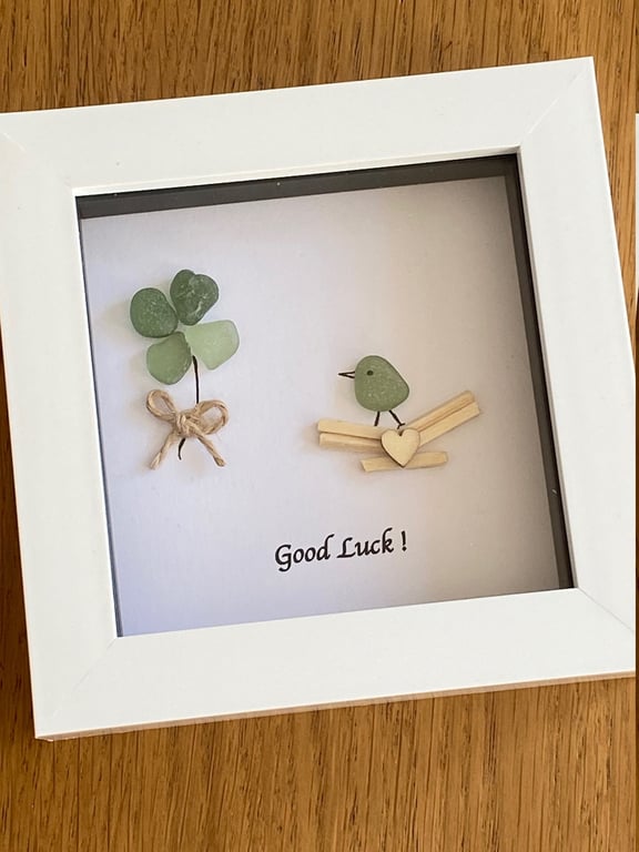 Sea Glass Good Luck Gift, Sea Glass Frame, Good Luck Gift, Four Leaf Clover Gift