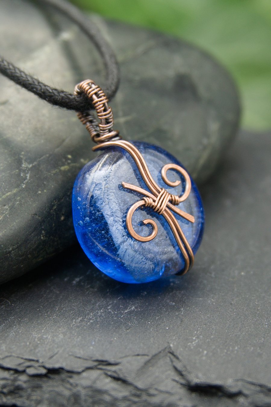 Copper Wire Wrapped Blue Glass Pendant