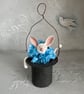 Paper mache hanging white bunny in top hat ornament - Image 5