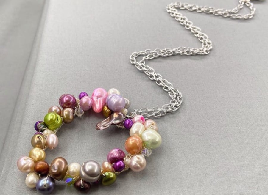 Multicoloured Pearl Wrapped Heart Pendant Long Necklace