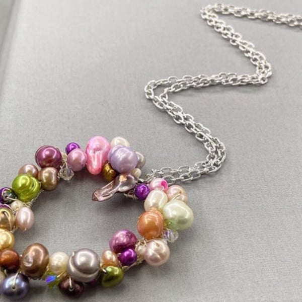 Multicoloured Pearl Wrapped Heart Pendant Long Necklace