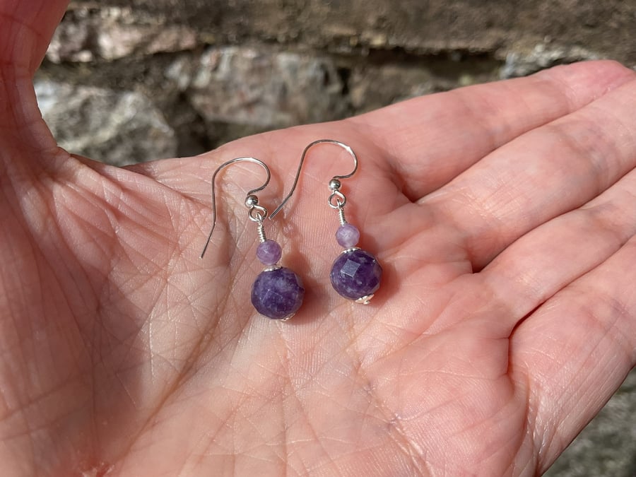 Sugilite and Lavender Jade Sterling silver dainty gemstone earrings