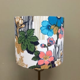 Lovely Blue Pink Anemone Floral 70s 60s Barkcloth Vintage Fabric Lampshade 