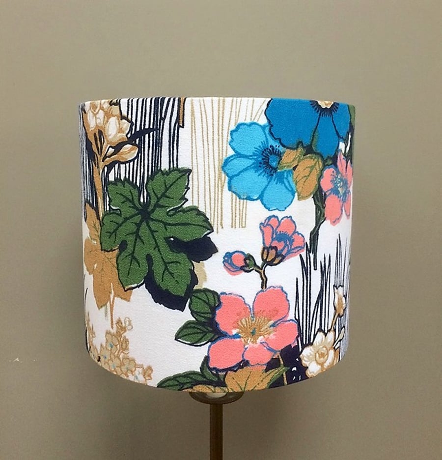 Lovely Blue Pink Anemone Floral 70s 60s Barkcloth Vintage Fabric Lampshade 