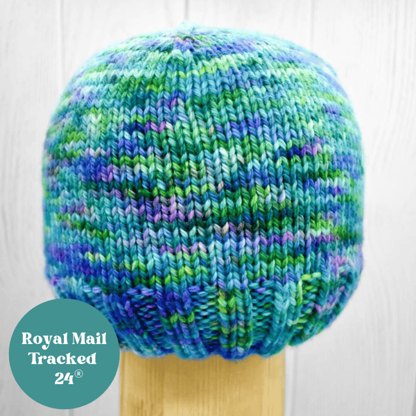 Hand Knitted hat in blue, green and purple - Medium
