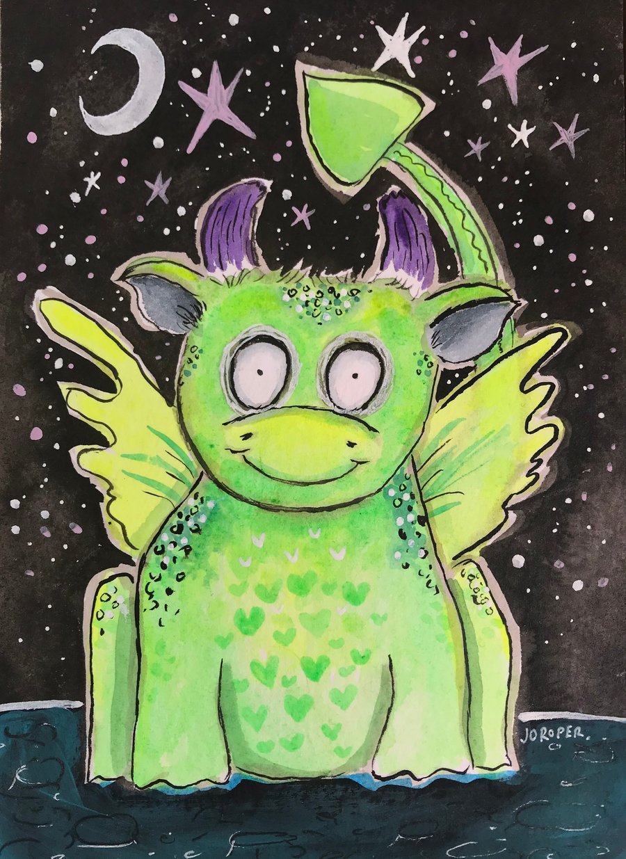 Original Painting Little Green Dragon under the moon by Jo Roper