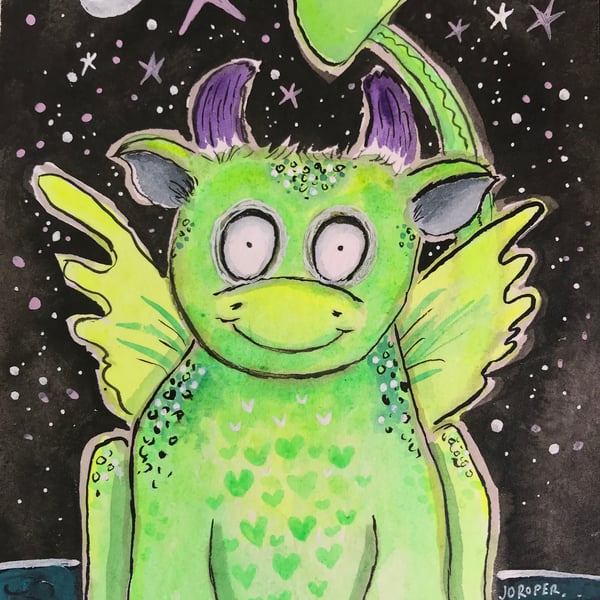 Original Painting Little Green Dragon under the moon by Jo Roper