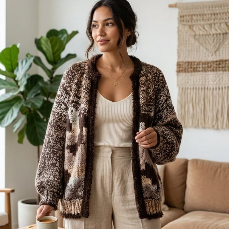 Handmade Cow Print Cardigan – Wool Blend Knit Sweater