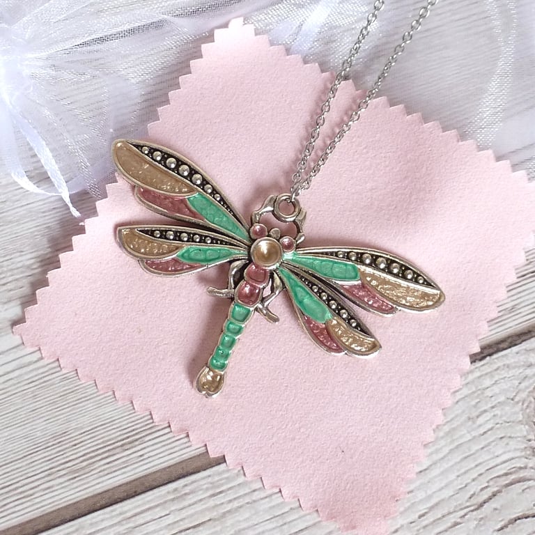 Metallic dragonfly pendant, green, rose gold and gold dragonfly necklace