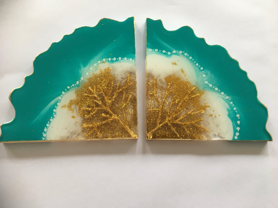 Golden tree and turquoise sky, resin coasters, slices one of a kind, set of 2 