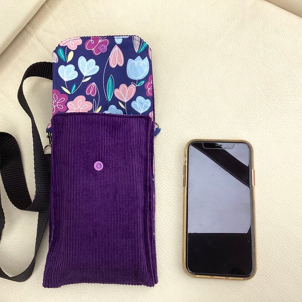 Cross body mobile phone bag, adjustable strap phone bag, purple corduroy phone b
