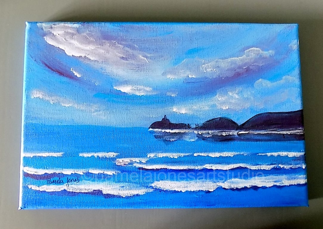 Mumbles, Swansea Bay, S Wales, Original Acrylic Painting on 30 x 20 cm Canvas