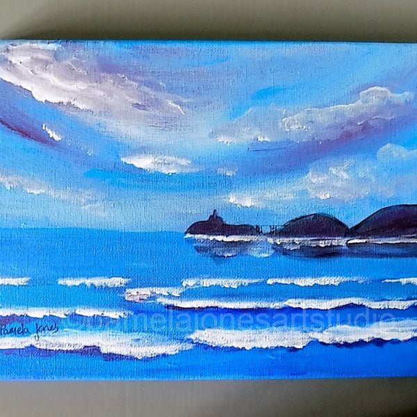 Mumbles, Swansea Bay, S Wales, Original Acrylic Painting on 30 x 20 cm Canvas