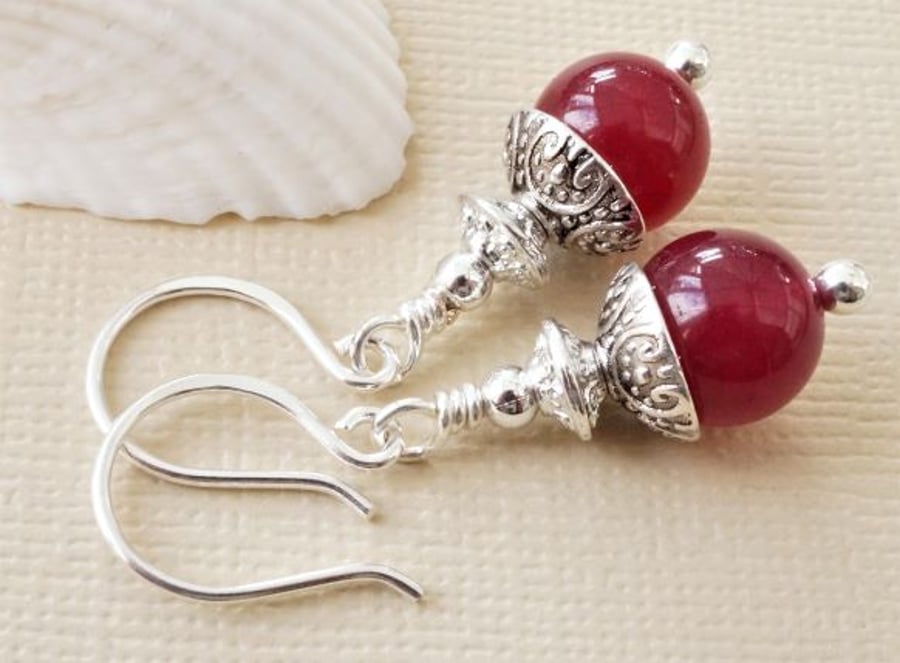 Raspberry red jade and silver gemstone earrings