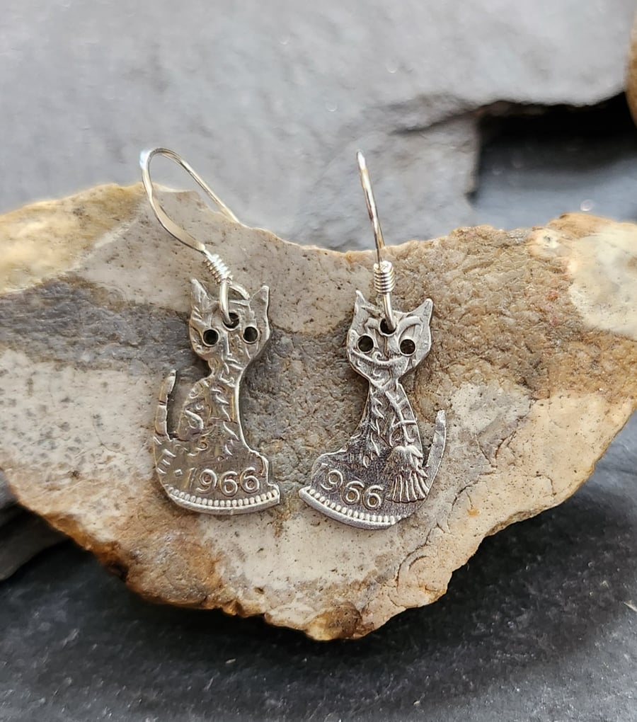 Cat earrings upcycled from 1966 sixpence coins